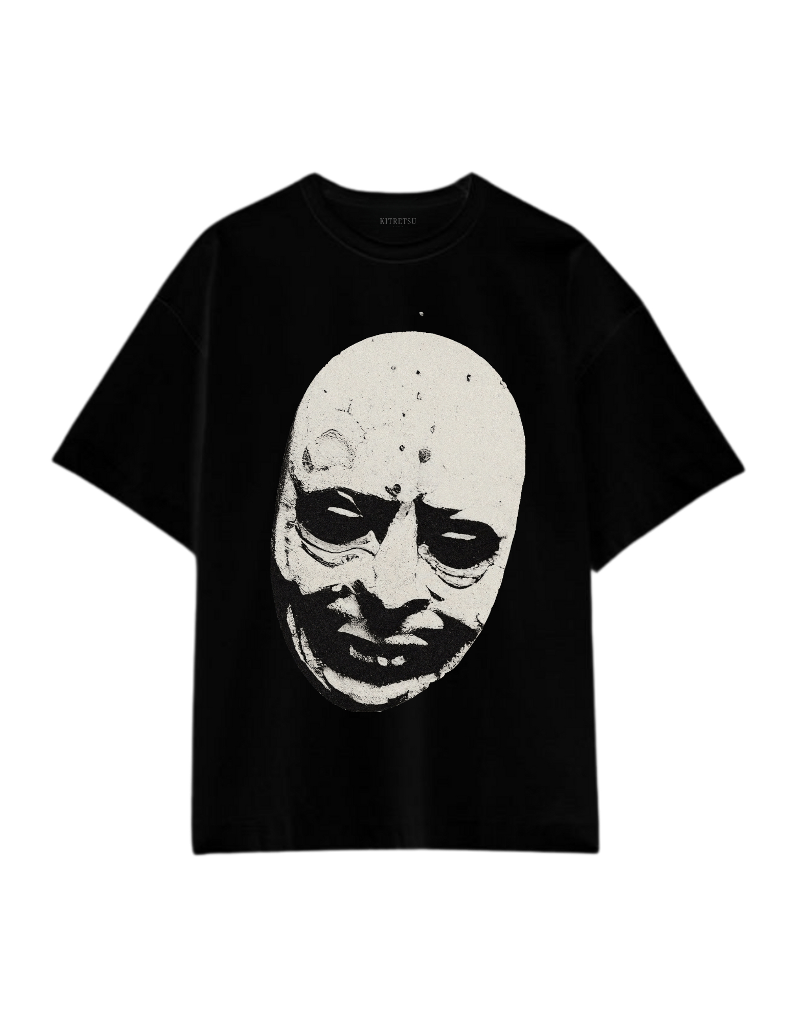 Black t-shirt with a graphic of a face on a white background