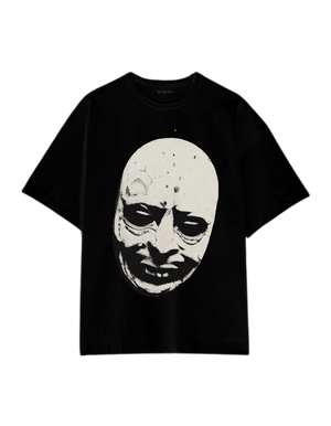 Black t-shirt with a graphic of a face on a white background