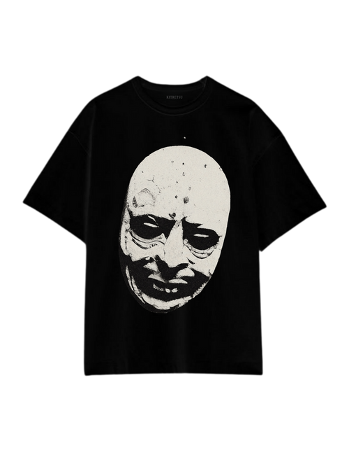 Black t-shirt with a graphic of a face on a white background