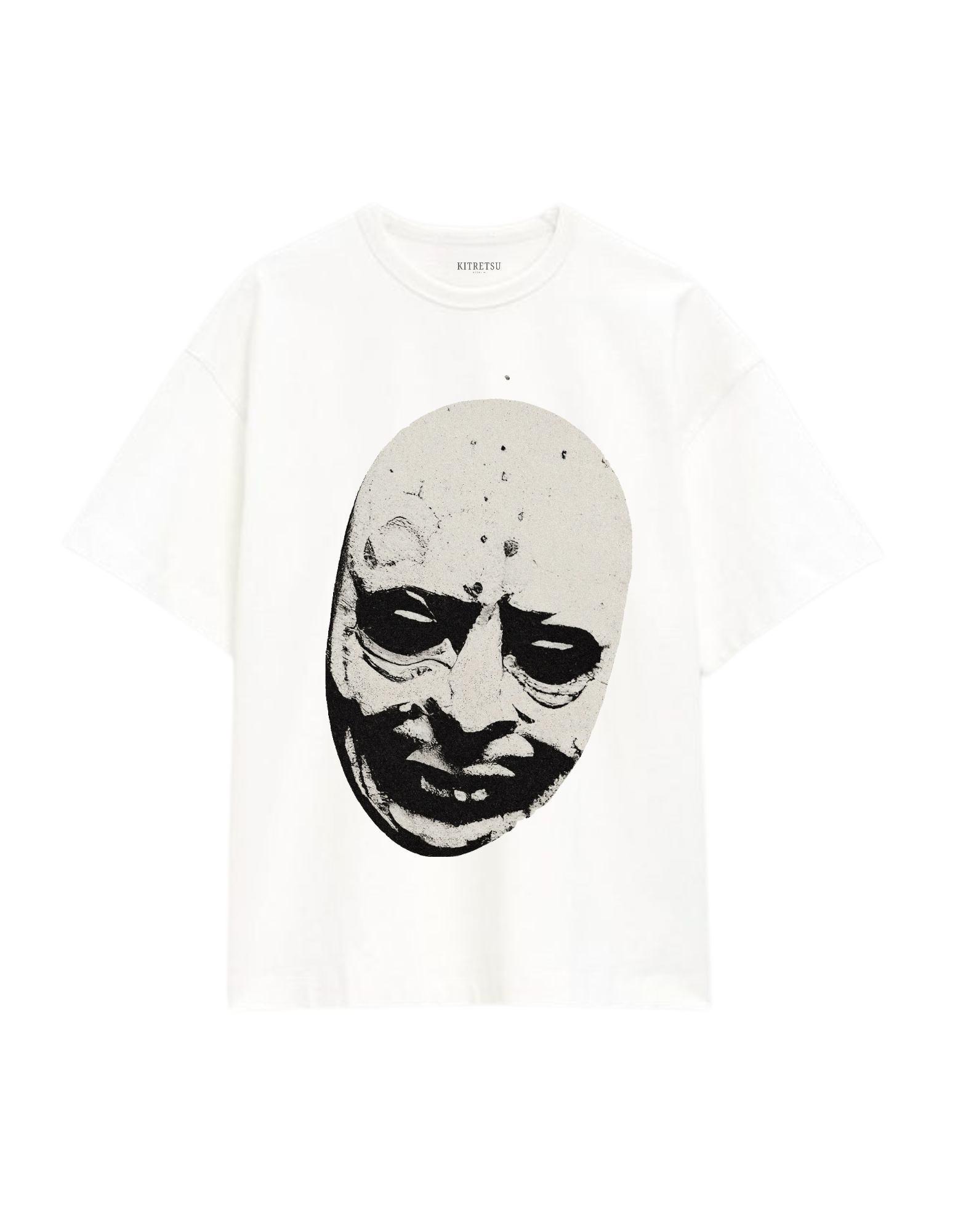 White t-shirt with a graphic of a face on a white background