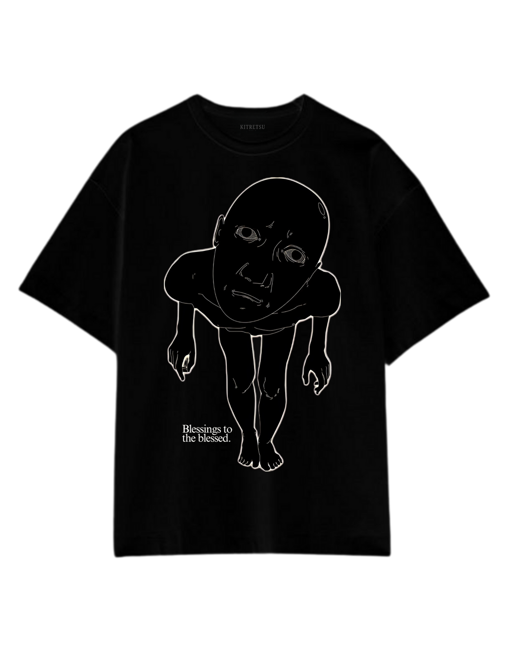 Black t-shirt with a graphic design on a white background