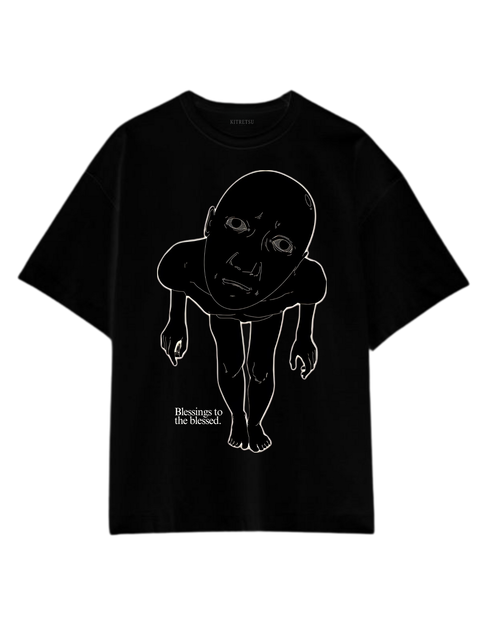 Black t-shirt with a graphic design on a white background