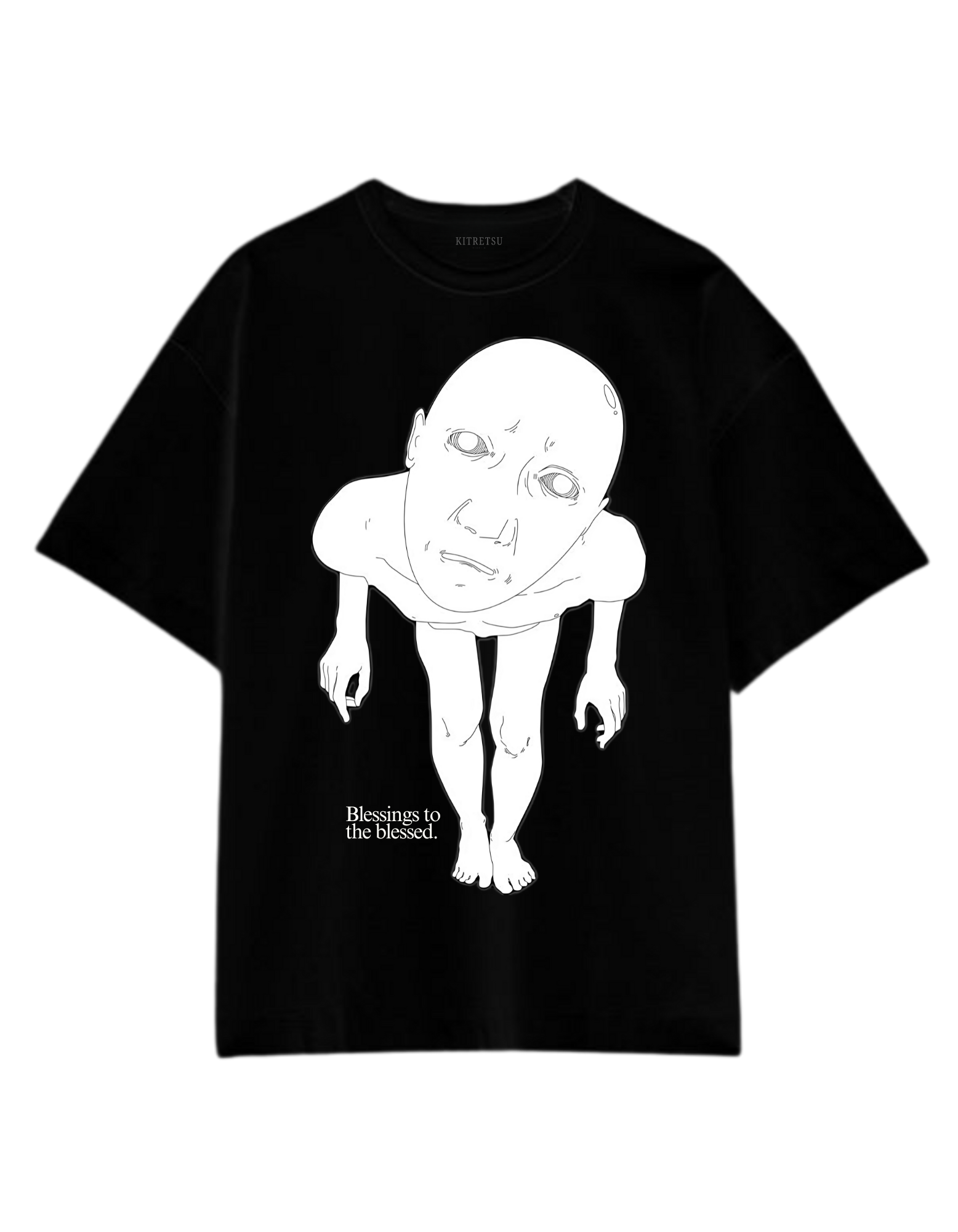 Black t-shirt with a white graphic design on a white background