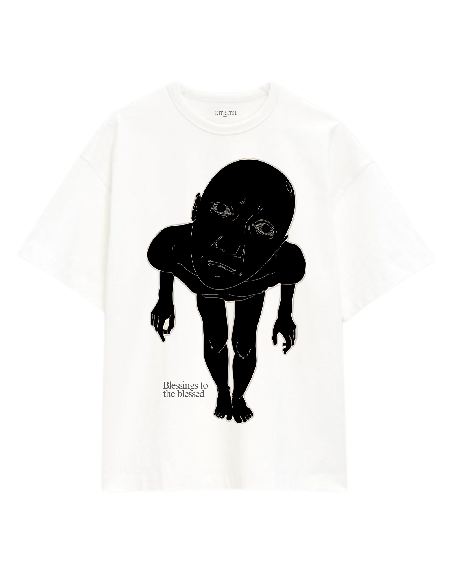 White t-shirt with black graphic design of a stylized figure and text on a white background