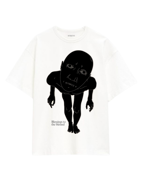 White t-shirt with black graphic design of a stylized figure and text on a white background