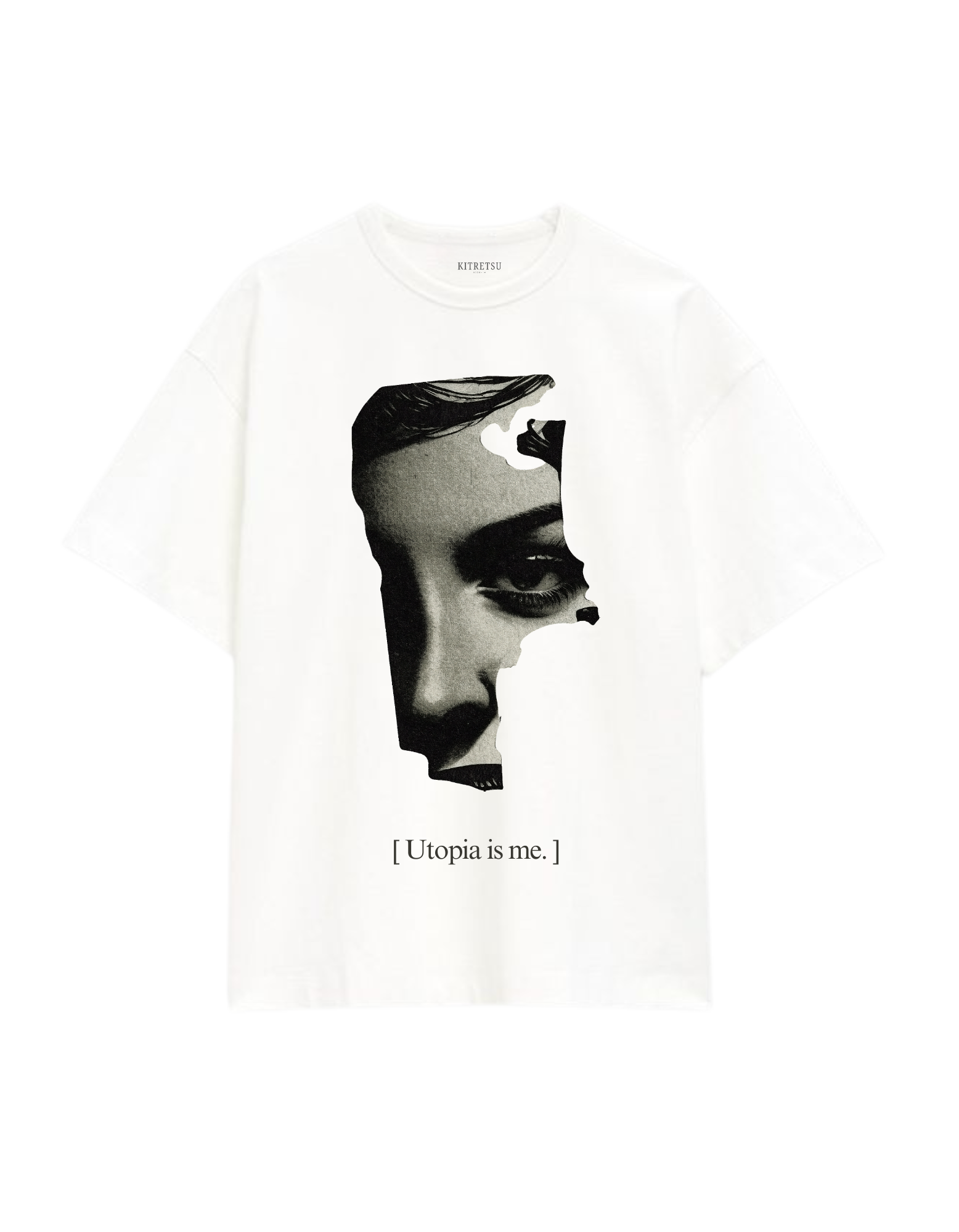 White t-shirt with black and white graphic of a face and text 'Utopia is me.' on a white background